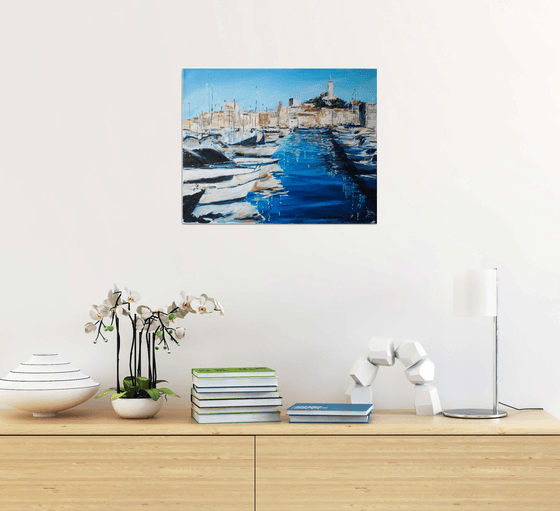 Marseille. Original oil painting from the harbor. Sea france blue Mediterranean boats ships white landscape seascape