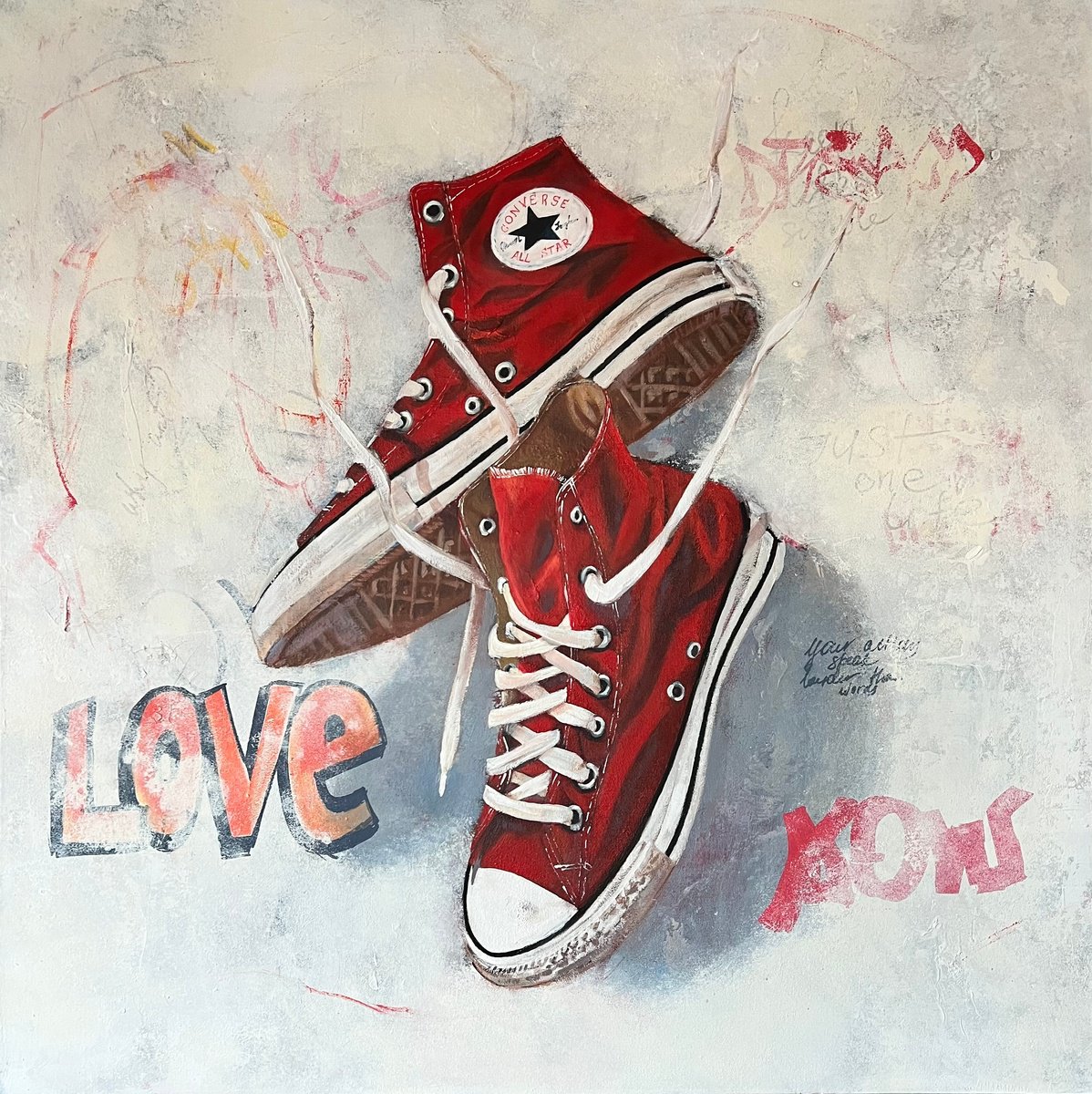 Urban And Pop Still Life Acrylic Painting By Olesya Izmaylova, 28 X 28", Love On Air, Original Artwork