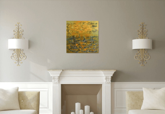 Gold above the port. Impressionistic palette knife seascape.