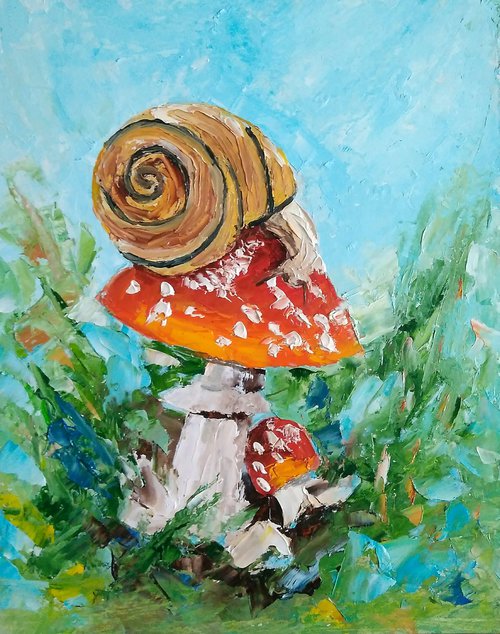 Snail Painting Mushroom Original Art Forest Landscape Artwork Animal Wall Art Oil Impasto Painting by Yulia Berseneva