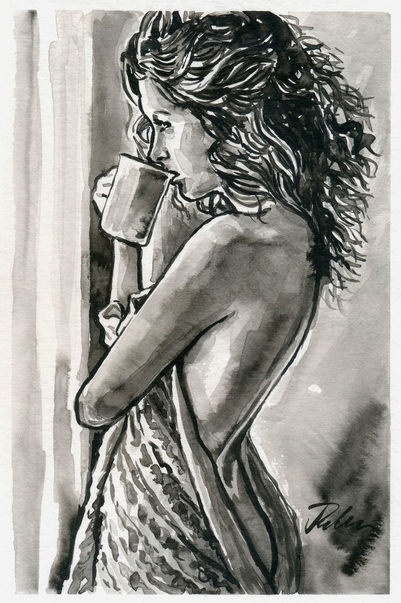 Urban And Pop Portrait Ink Drawing By Tashe, 8 X 12", Missing You, Original Artwork