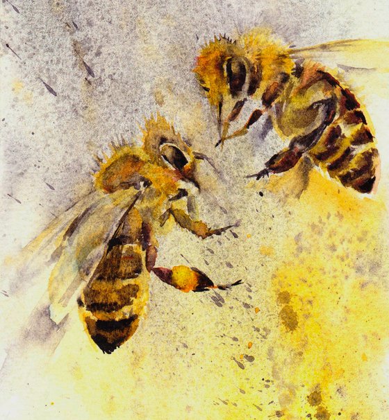 Honey Bee painting, Original Watercolour painting of a pair of honey bees
