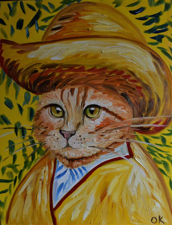 Handsome Cat Inspired by Van Gogh in a straw hat FELINE ART FOR CAT LOVERS