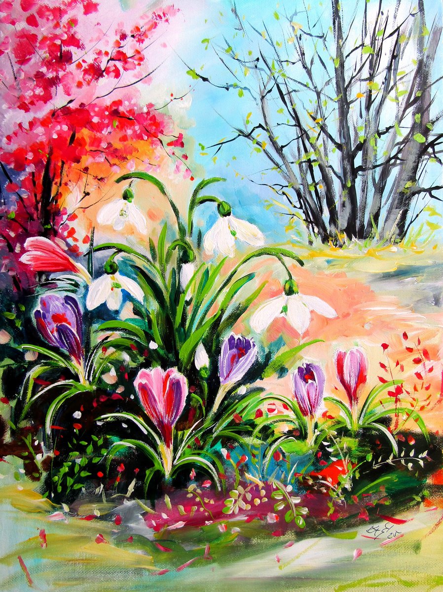 Snowdrops With Crocus By Kovacs Anna Brigitta, 12 X 16, Artwork For Sale On Artfinder