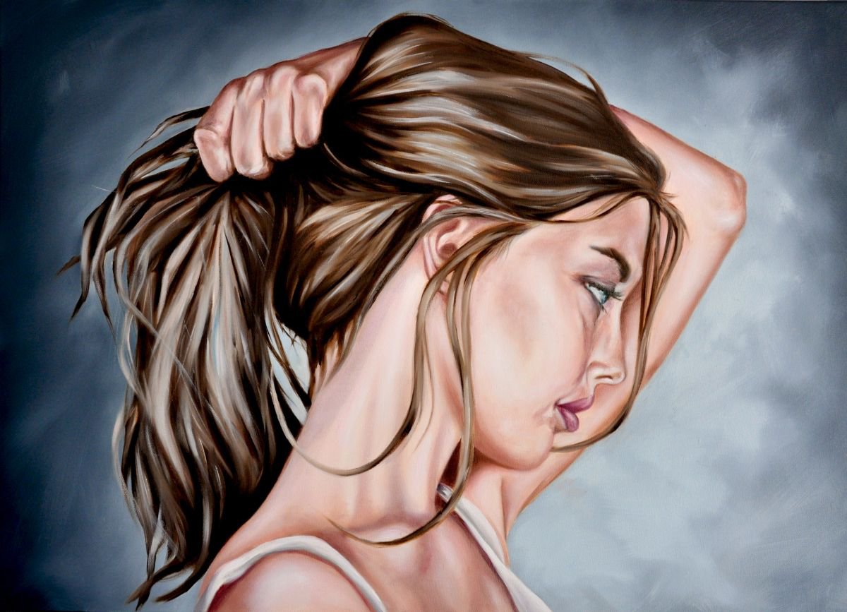 Expressive Portrait Oil Painting By Mullo Art, 35 X 26", Summer Nights, Original Artwork