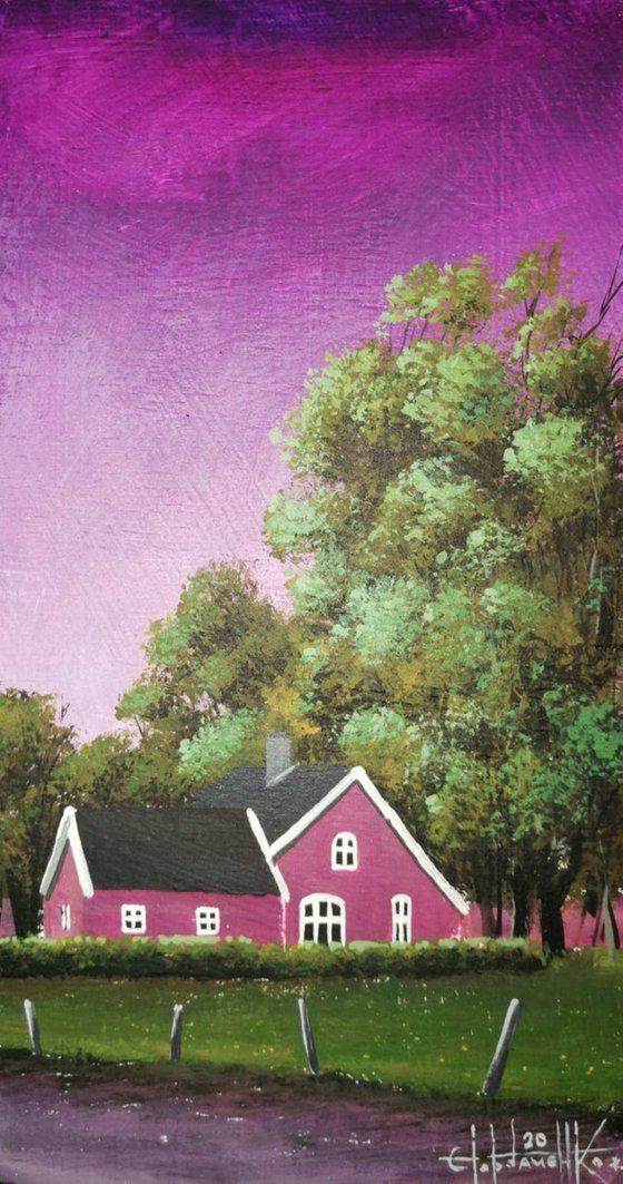 Pink house. Acrylic on panel 15x28cm