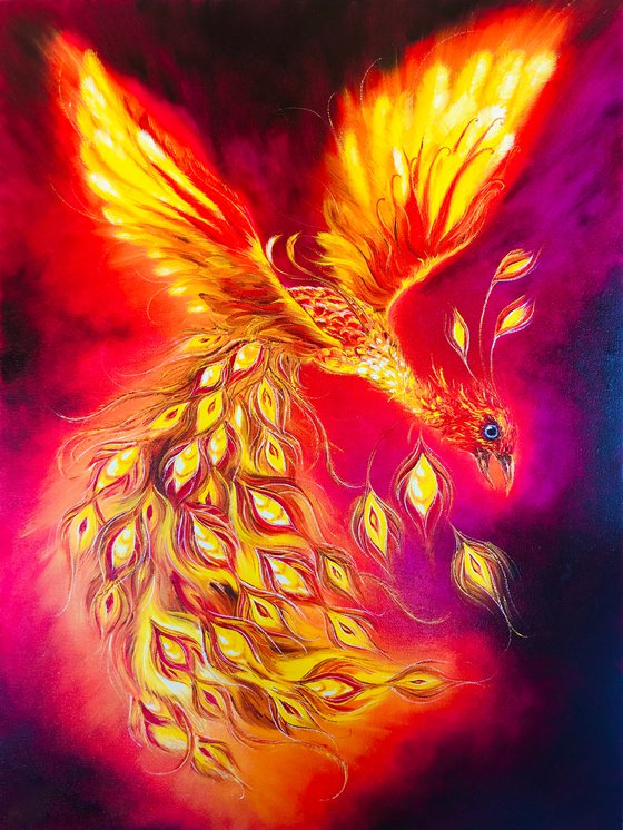 THE ENERGY OF THE FLAME - Firebird fabulous. Fantastic phoenix. Abstract firebird. Faming phoenix. Fire bird. Big wings. Gold feathers. Magic. Flight. Shine. Ash.