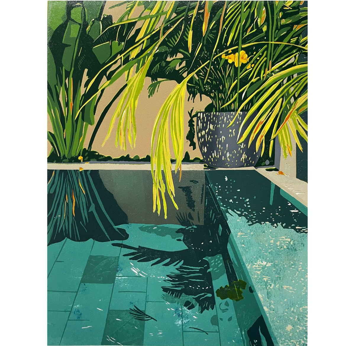 Impressionistic Landscape Linocut By Kirstie Dedman, 14 X 18", Dive In, Original Artwork