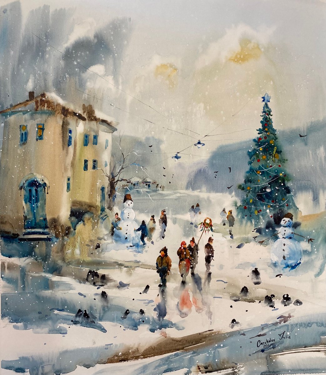 Watercolor "Winter Holidays...II" perfect gift by Iulia Carchelan