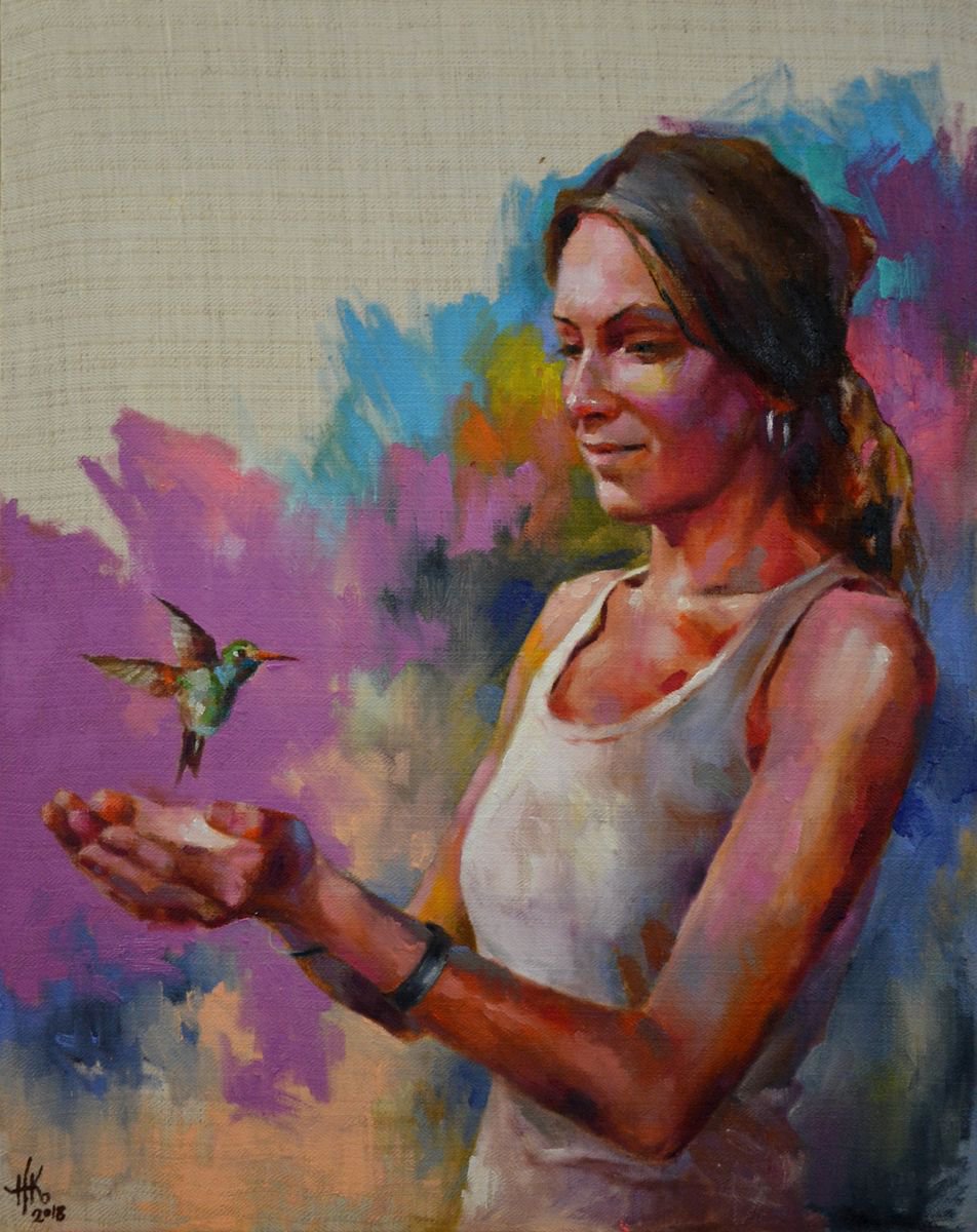 Expressive Portrait Oil Painting By Zhanna Kondratenko, 22 X 28", My Hummingbird, Original Artwork