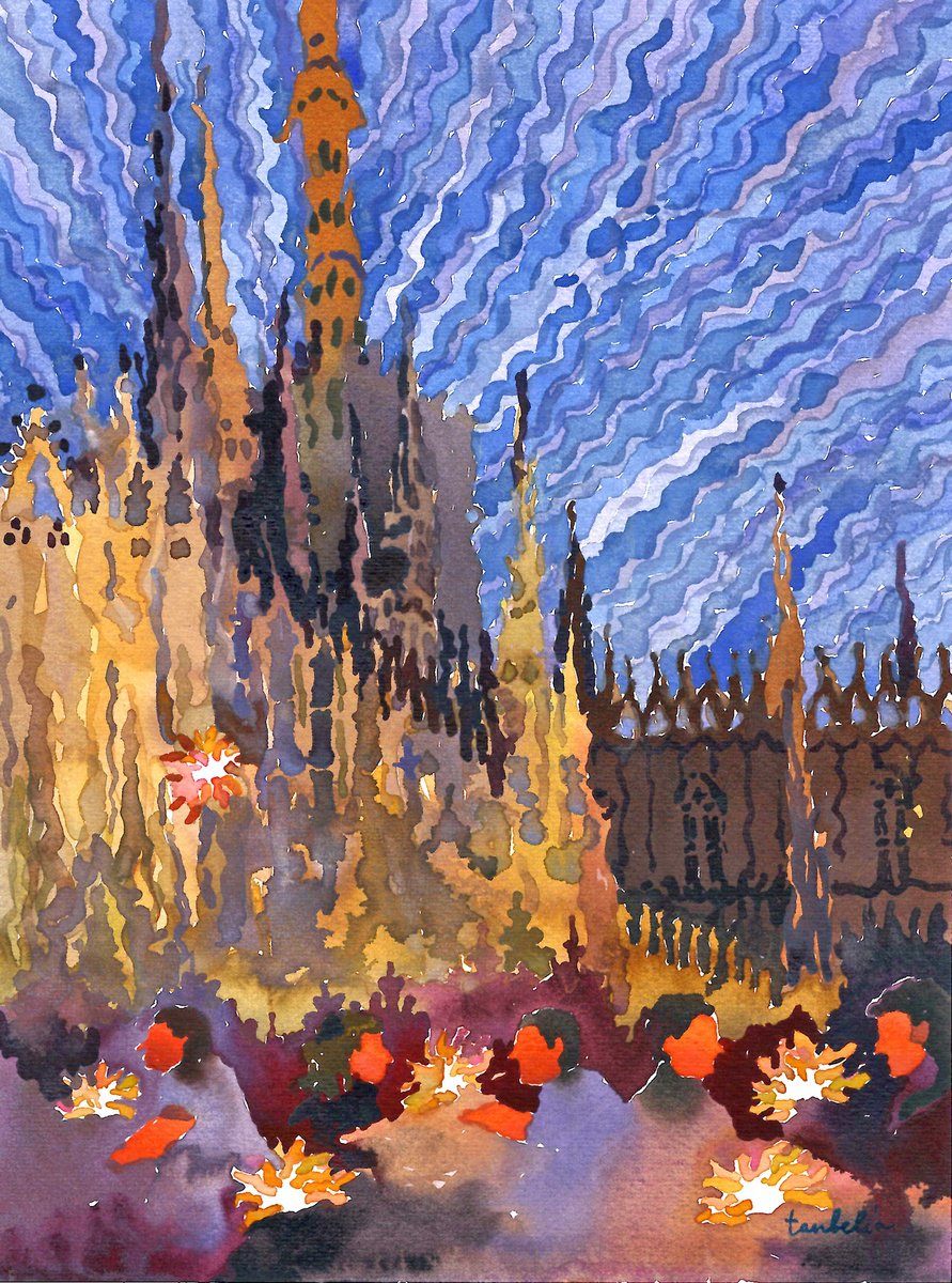 Impressionistic Cityscapes Watercolour By Tanbelia, 9 X 12", Milan Cathedral, Original Artwork