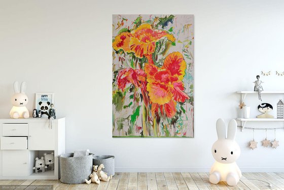 IRISES - Easel - XL Large Oil Floral Painting - original wall sized orange yellow colours - interior decor 180x120