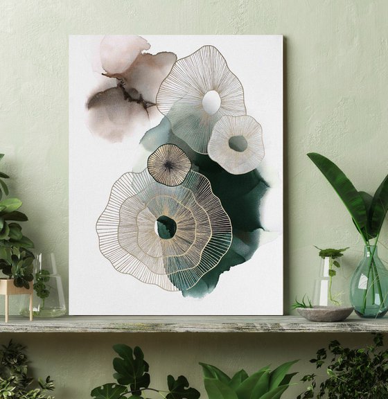 "Emerald golden molecules" Abstract green art