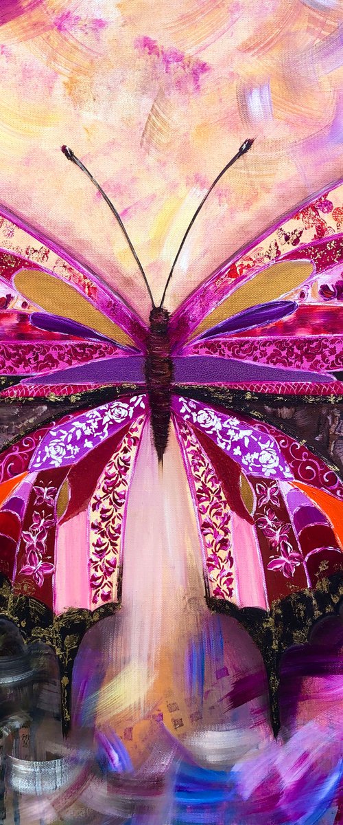 PINK PASSION - Modern pink butterfly. Steampunk style butterfly. Beautiful butterfly. Magic butterfly. Unusual wings. Flight. Crystals. Gold. by Marina Skromova