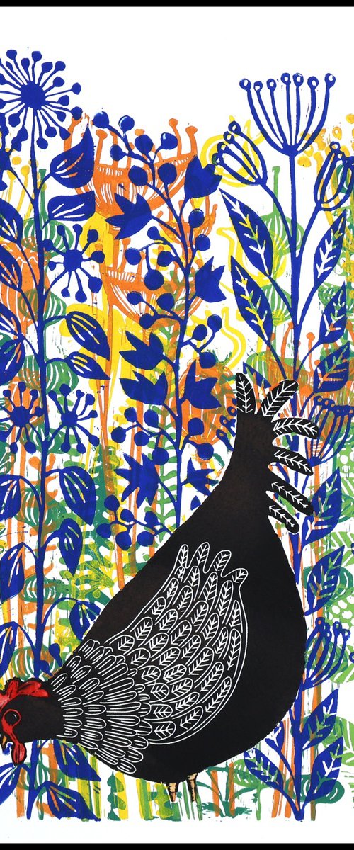 a Black hen in the Flowers by Mariann Johansen-Ellis