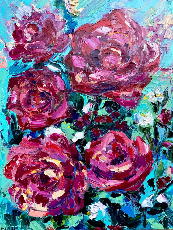 Roses - The burst of pink, 35*45cm, impressionistic flowers oil painting in pink and turquoise