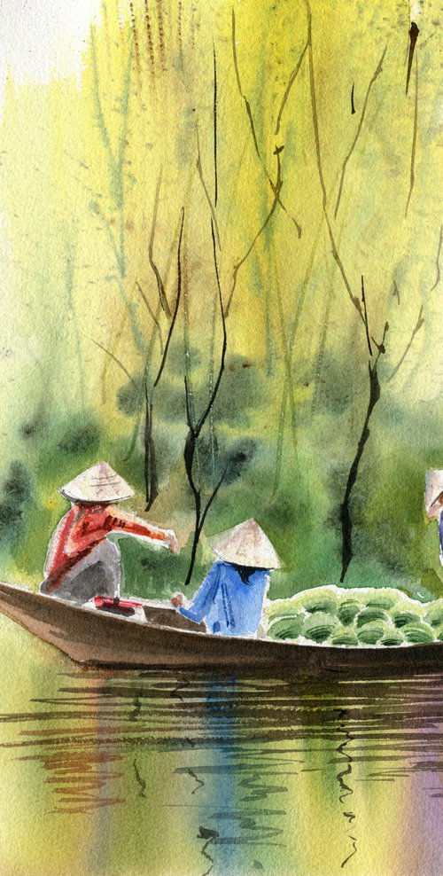 Watermelon traders on the Mikong River , River in Asia, Boat on the river , Mikong , yellow and green, straw hat, decor for living room, decor for Asiatic shop, decor in Asiatic style, gift idea for friend by Irina Povaliaeva