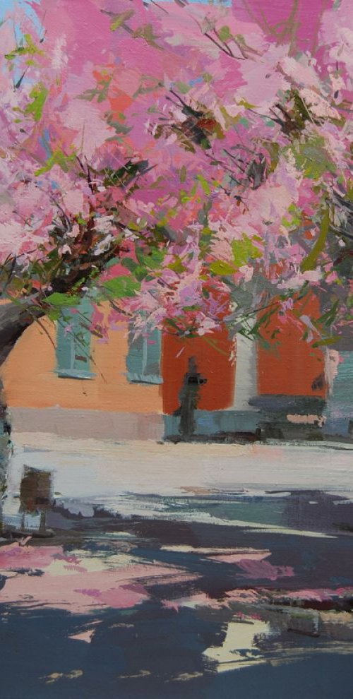 Oil landscape artwork "Pink Shadows" by Yuri Pysar