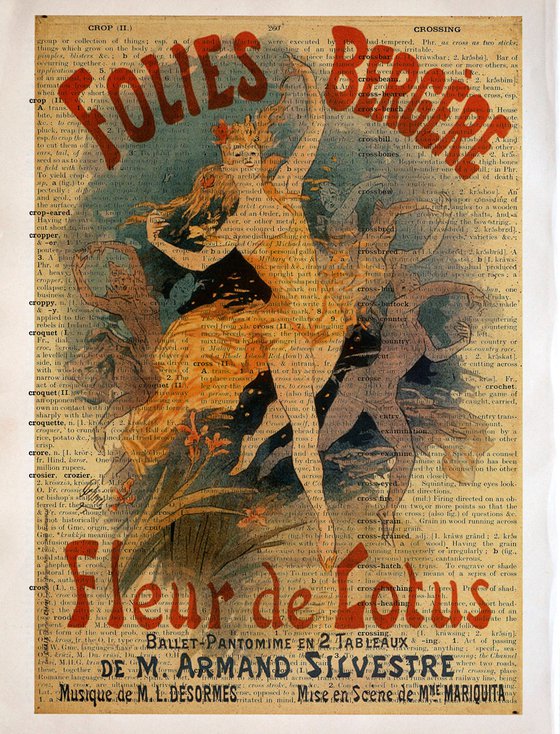 Folies Bergere Fleur de Lotus - Collage Art Print on Large Real English Dictionary Vintage Book Page