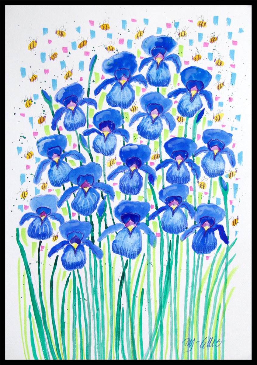 Blue Iris and bees, watercolor on paper by Mariann Johansen-Ellis