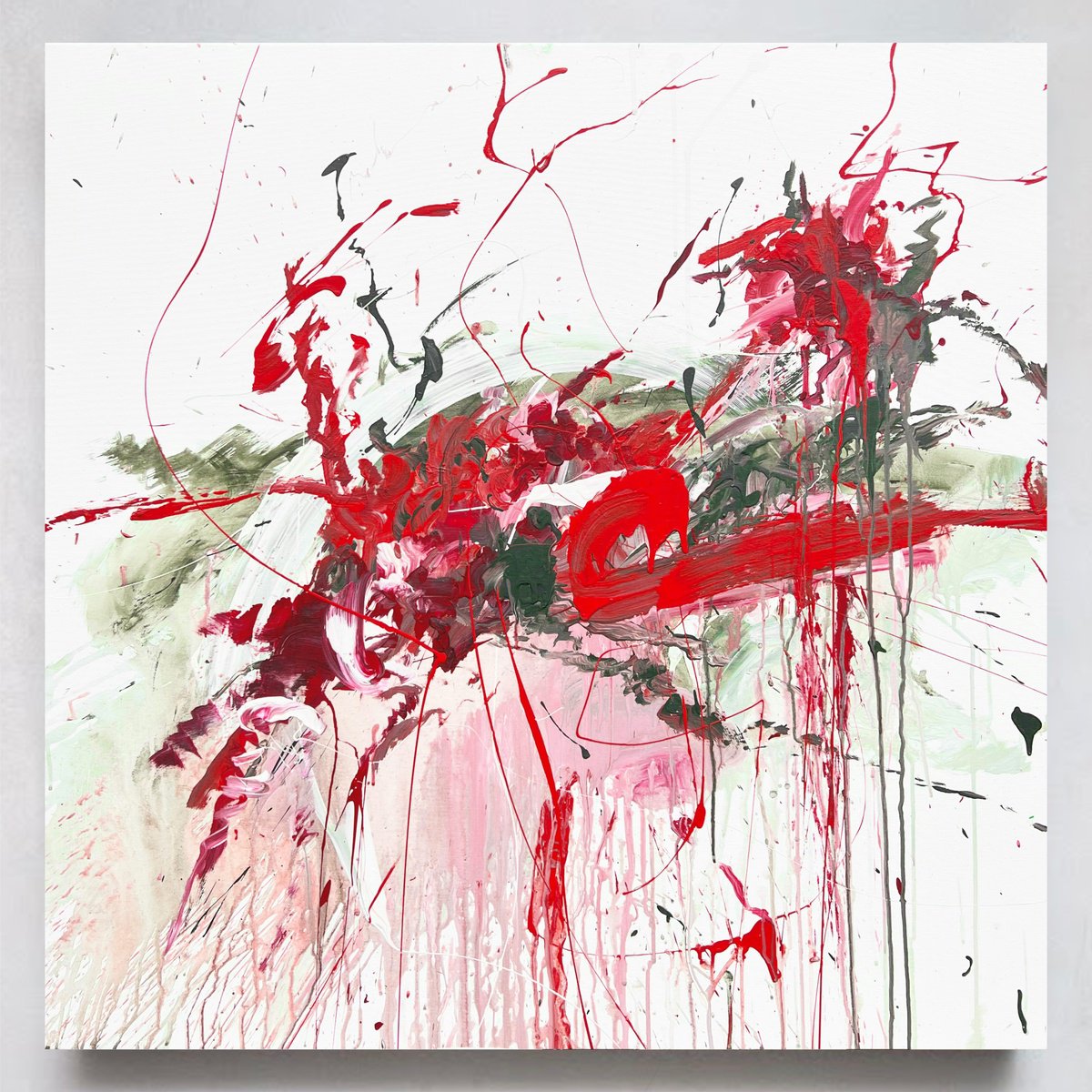 Abstract Botanical Acrylic Painting By Rosi Roys, 39 X 39", Red Flower 3, Original Artwork