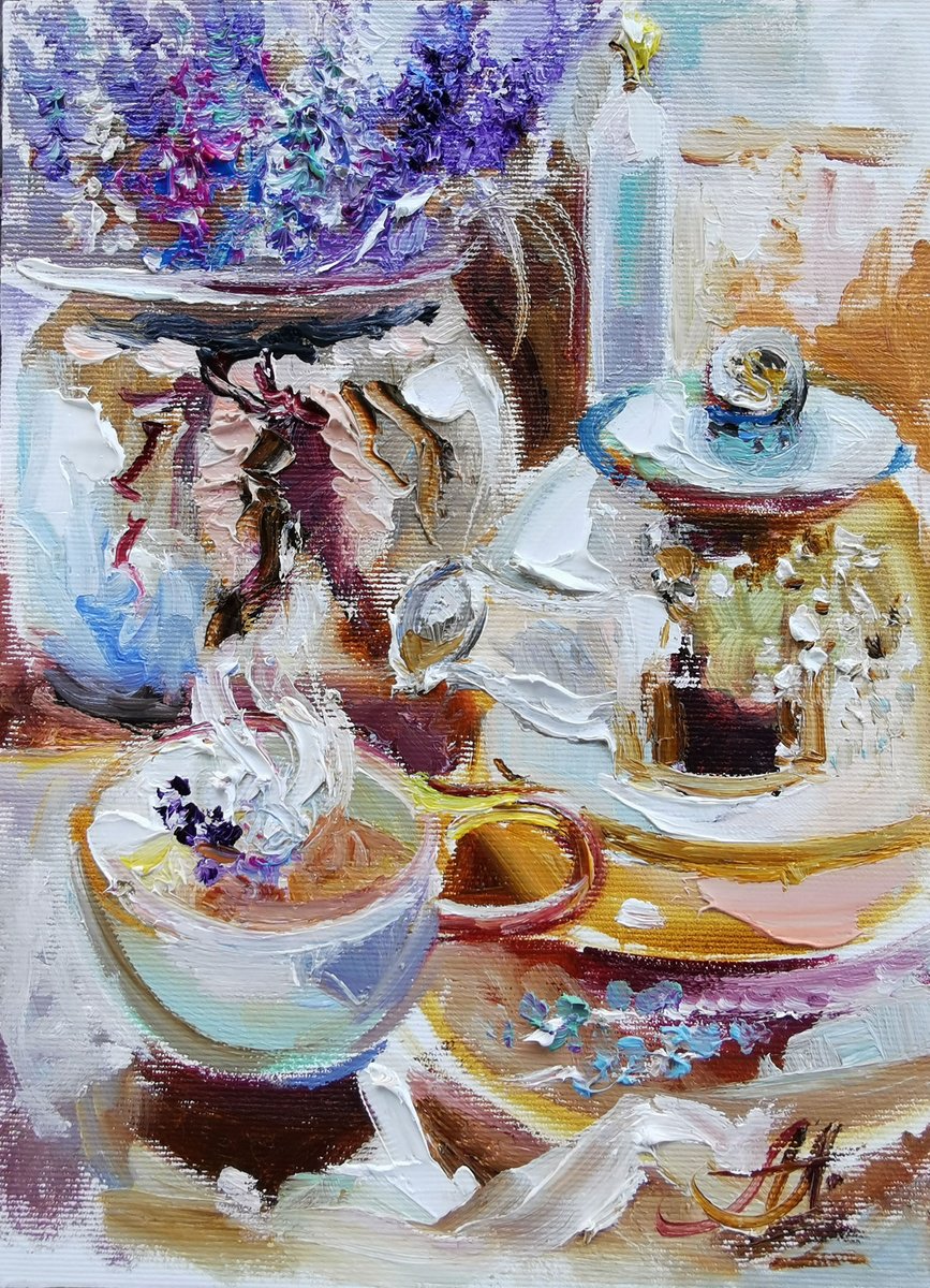 Oil Canvas Artwork for Autumn Ambiance, Tea and Lavender Delight by Annet Loginova