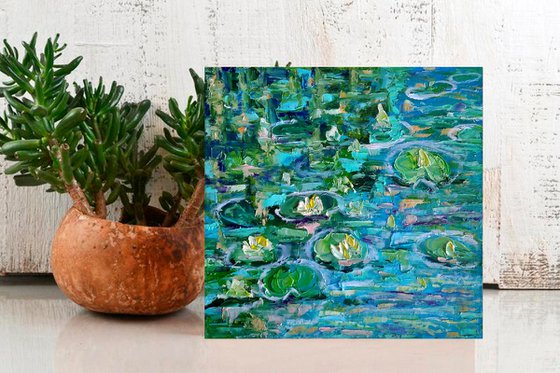 Pond Painting Original Art Water Lily Artwork Monet Landscape Impasto Floral Wall Art