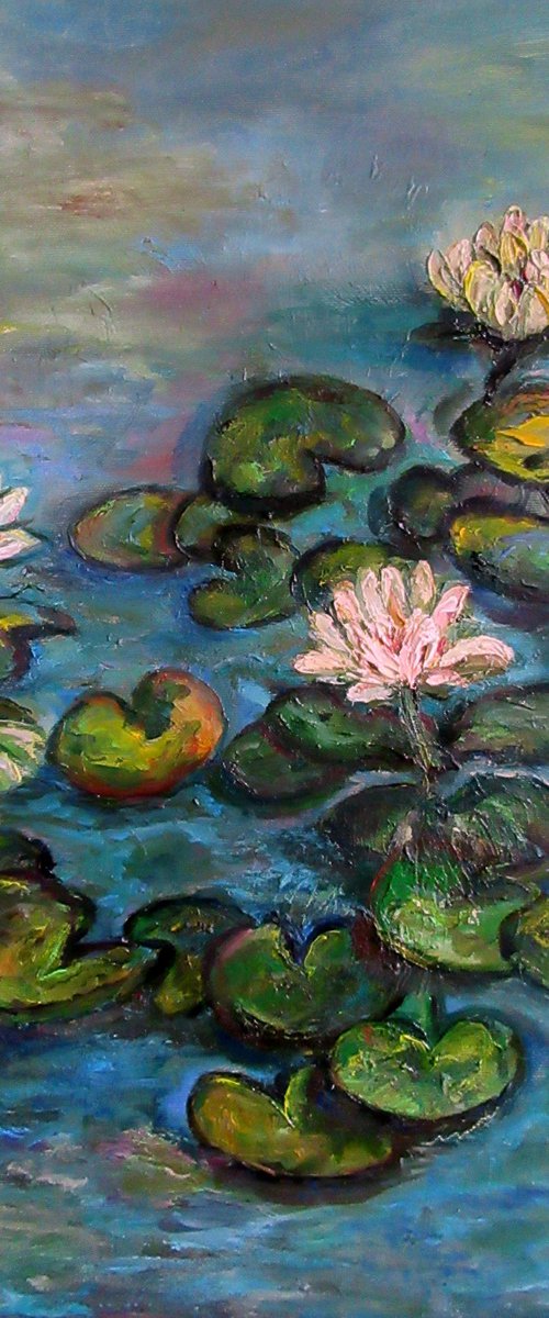 Water Lilies in a Pond, Water Flower Landscape, Water Plants Canvas Art, Turquoise Romantic Nature, Original Monet Painting,Floating Lily Pad, Blue Abstract Painting,Palette Knife Art by Katia Ricci