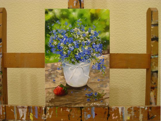 Forget-me-not Flower Art, Floral Bouquet on Canvas