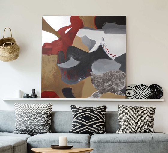"Streams 2" Brown red silver abstract art
