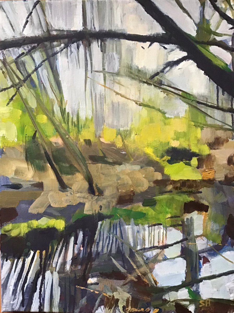 Expressive Landscape Oil Painting By Sandra Haney, 12 X 16", Winter Reflections, Original Artwork