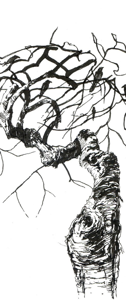 Raven tree, ink pen fantasy drawing Dark fairy tale by Yulia Evsyukova