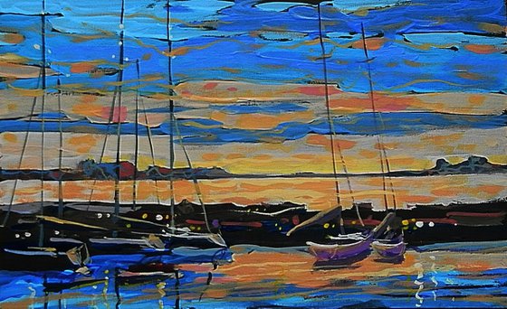 evening pier. original painting 18x29.5 cm