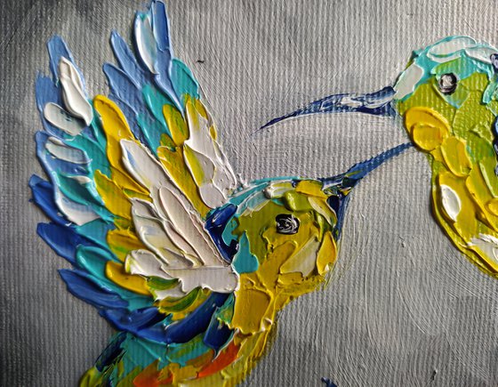 Lovers - oil painting, hummingbird, birds, love, animals oil painting, art bird, impressionism, palette knife, gift.