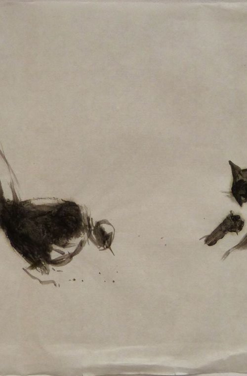 Cat and bird 2, ink painting on chinese paper, 33x53 cm by Frederic Belaubre