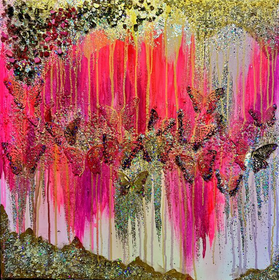 Pink butterflies with red glitter glass abstract  gold painting