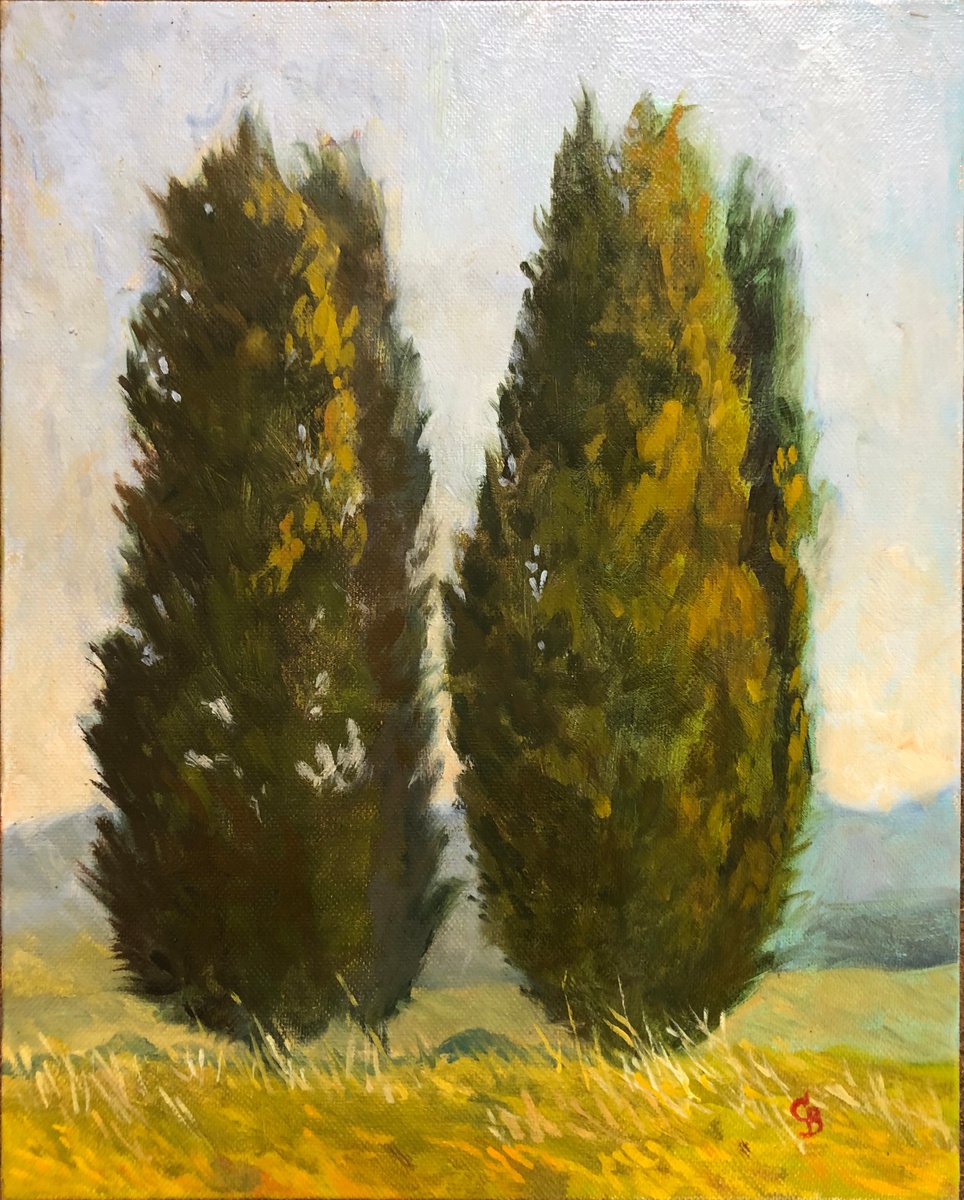 Two Cypresses in Umbria Plein Air Italian Landscape Painting by Caridad I. Barragan