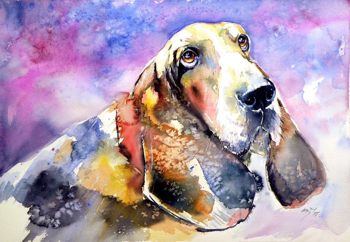 Impressionistic Watercolour , Cute Basset Hound By Kovacs Anna Brigitta, 20 X 14, Artwork For Sale On Artfinder