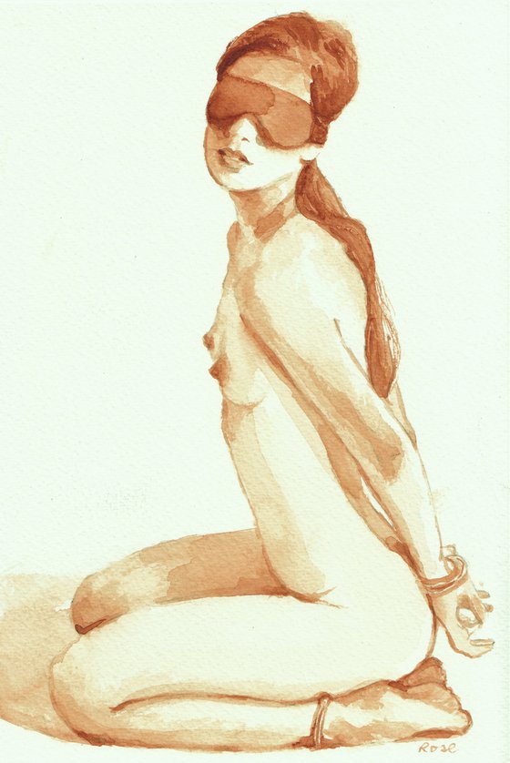 Monochrome nude #6: Handcuffs & Blindfold. Classic watercolour figure painting.