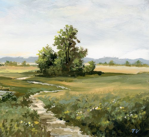 Country Landscape Painting Original Art Acrylic Painting Calm Summer Nature 7 x 9,4 by Tetiana Vysochynska
