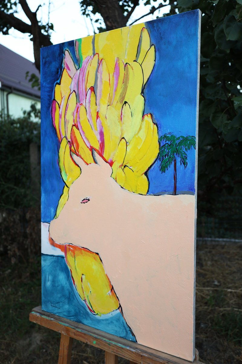 Cartoon Animal Acrylic Painting By Artem Andreichuk, 22 X 35, Supercow, Original Artwork