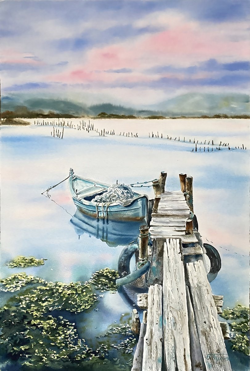 Illustrative Landscape Watercolour By Natalia Butenko, 15 X 22", When Water Becomes The Sky, Original Artwork