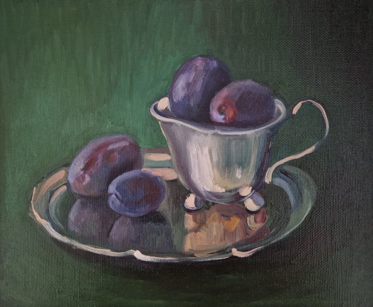 Impressionistic Still Life Oil Painting By Olena Kolotova, 12 X 10", Stilllife Plumps Purple Beauty, Original Artwork