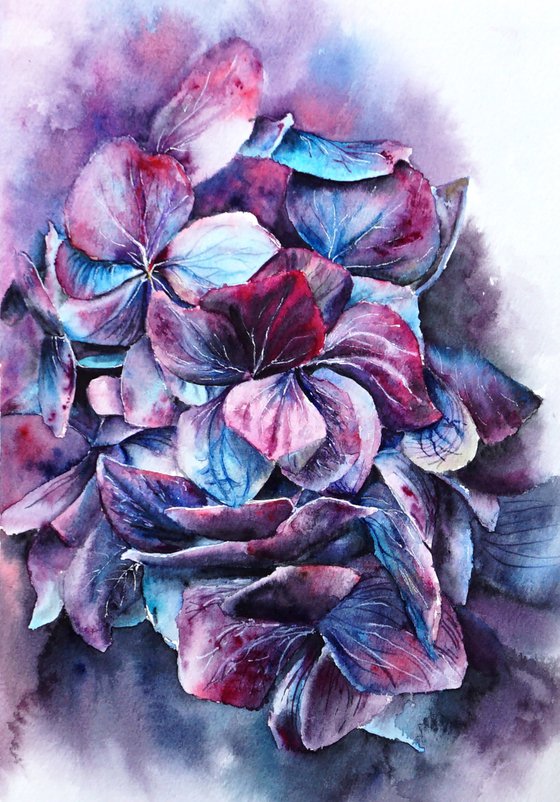 ORIGINAL Watercolor Hydrangea Flowers - Colorful Bouquet - Floral Botanical Art