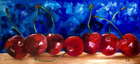 Sweet Cherries. Still life. Ultramarine blue and variations of red colors palette knife oil painting