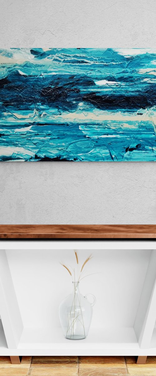 Malted Southern 200cm x 80cm Teal Cream White Textured Abstract Art by Franko