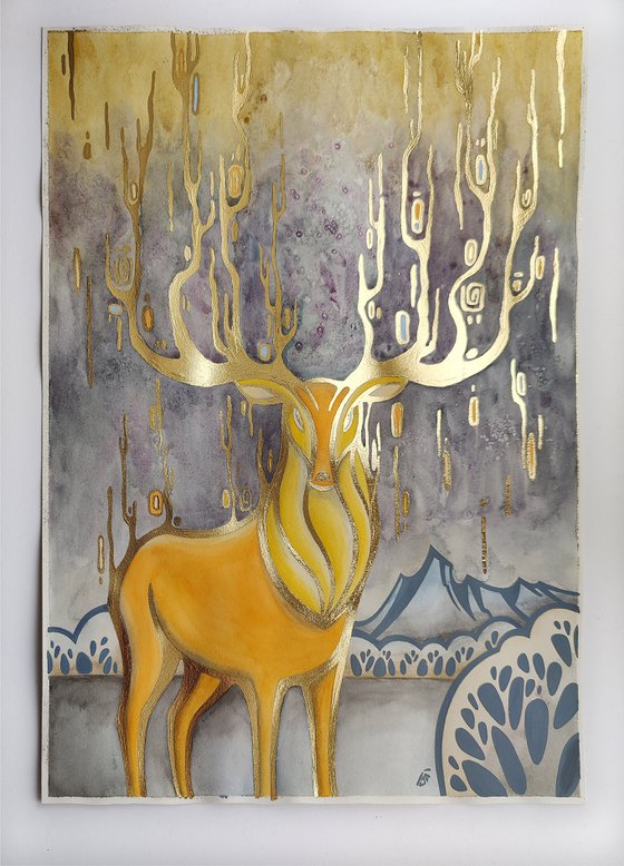 Golden deer, yellow deer on gray backgraund, gold leaf