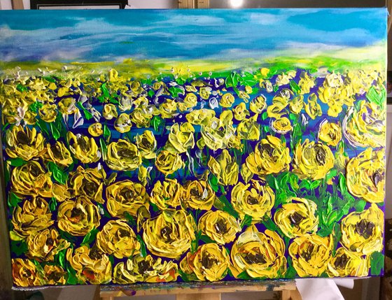 FIELD OF YELLOW  ROSES  palette knife modern YELLOW  TURQUOISE,  MEADOW OF FlOWERS, LANDSCAPE,  office home decor gift