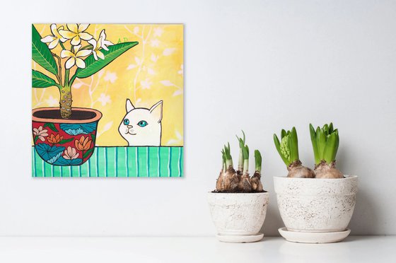 "Curious cat and plumeria in red floral pot." Maximalist Modern Matisse-Inspired Original Painting