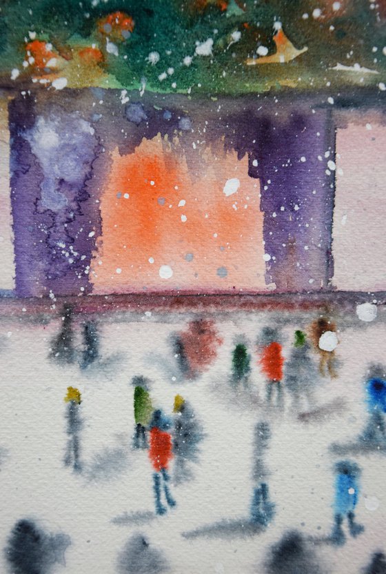 Winter New York watercolor painting, New Year Rockefeller Center, original abstract cityscape, snowy Manhattan